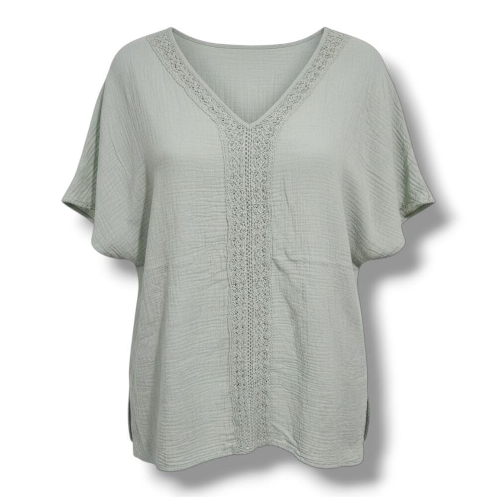 Kona Sol Sage Green Gauze V-Neck Crochet Trim Top Women’s Large